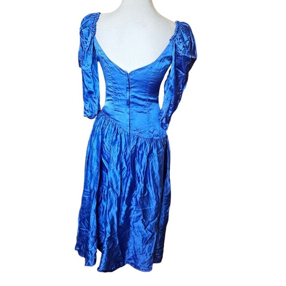80s Size 8 Blue Formal Dress Gown‎ Prom Shiny Satin Assymetrical Puff Sleeve - Picture 7 of 14